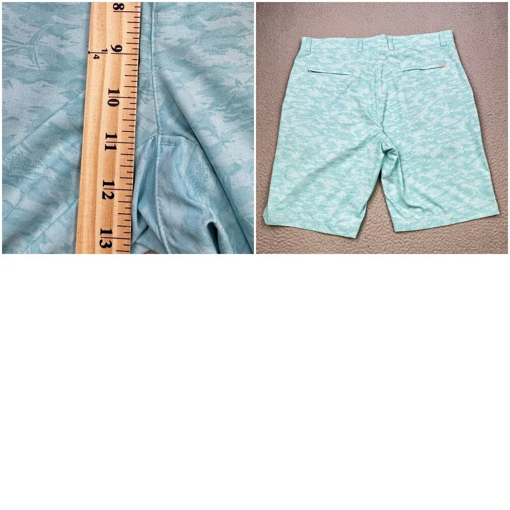 Peter Millar Crown Sport Shorts Mens 35 Blue Fish Print Beach Glass Golf Stretch